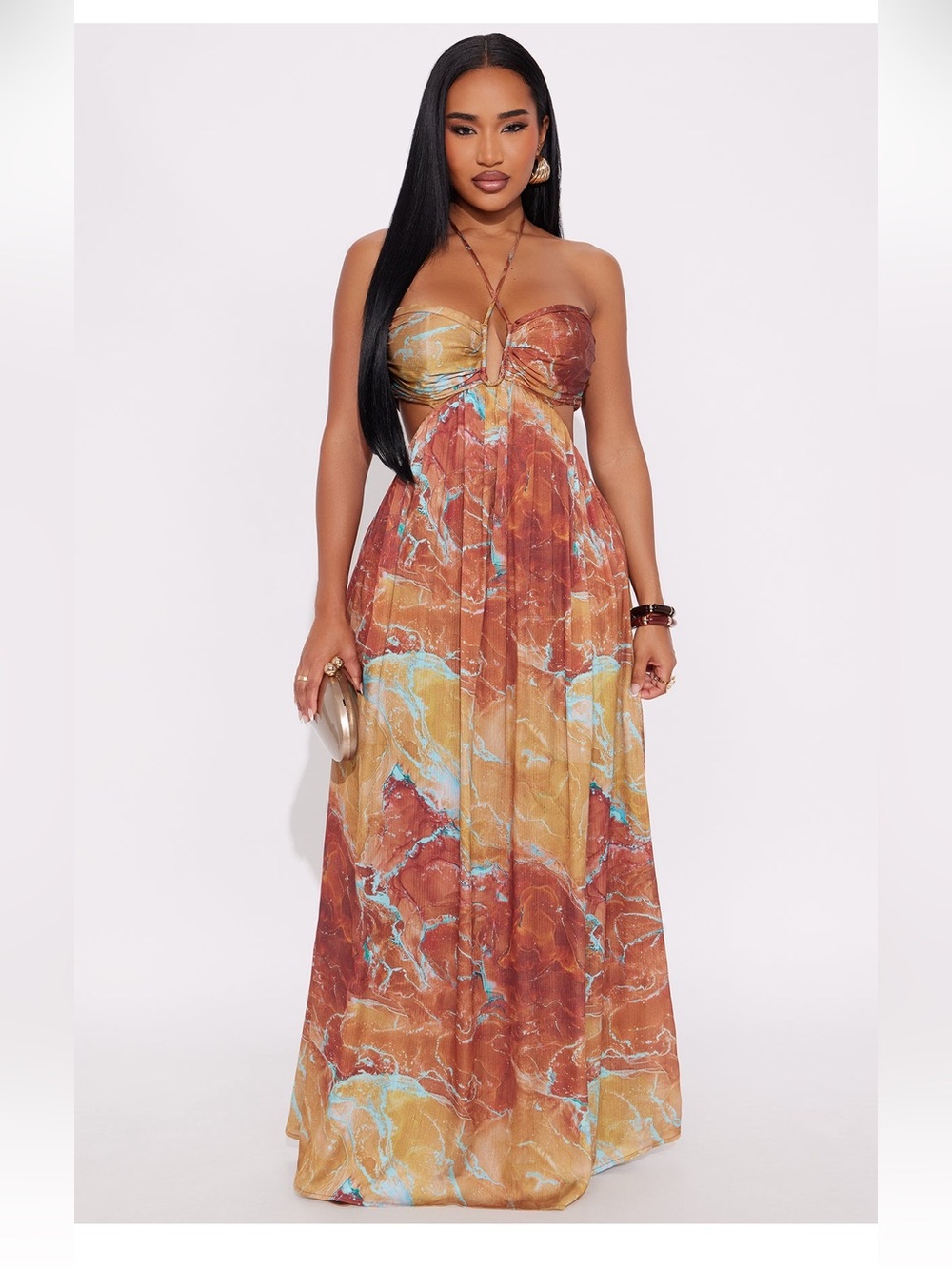 Fashion Nova Strapless Marble-Print Maxi Dress in Rust, Gold & Aqua